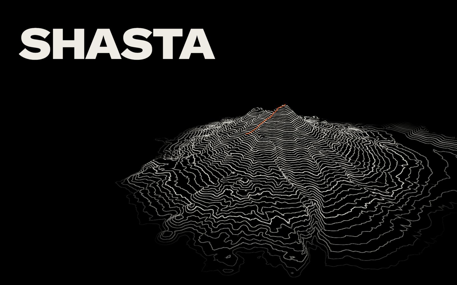 Shasta — contour mountain on black with a bright orange ascent route
