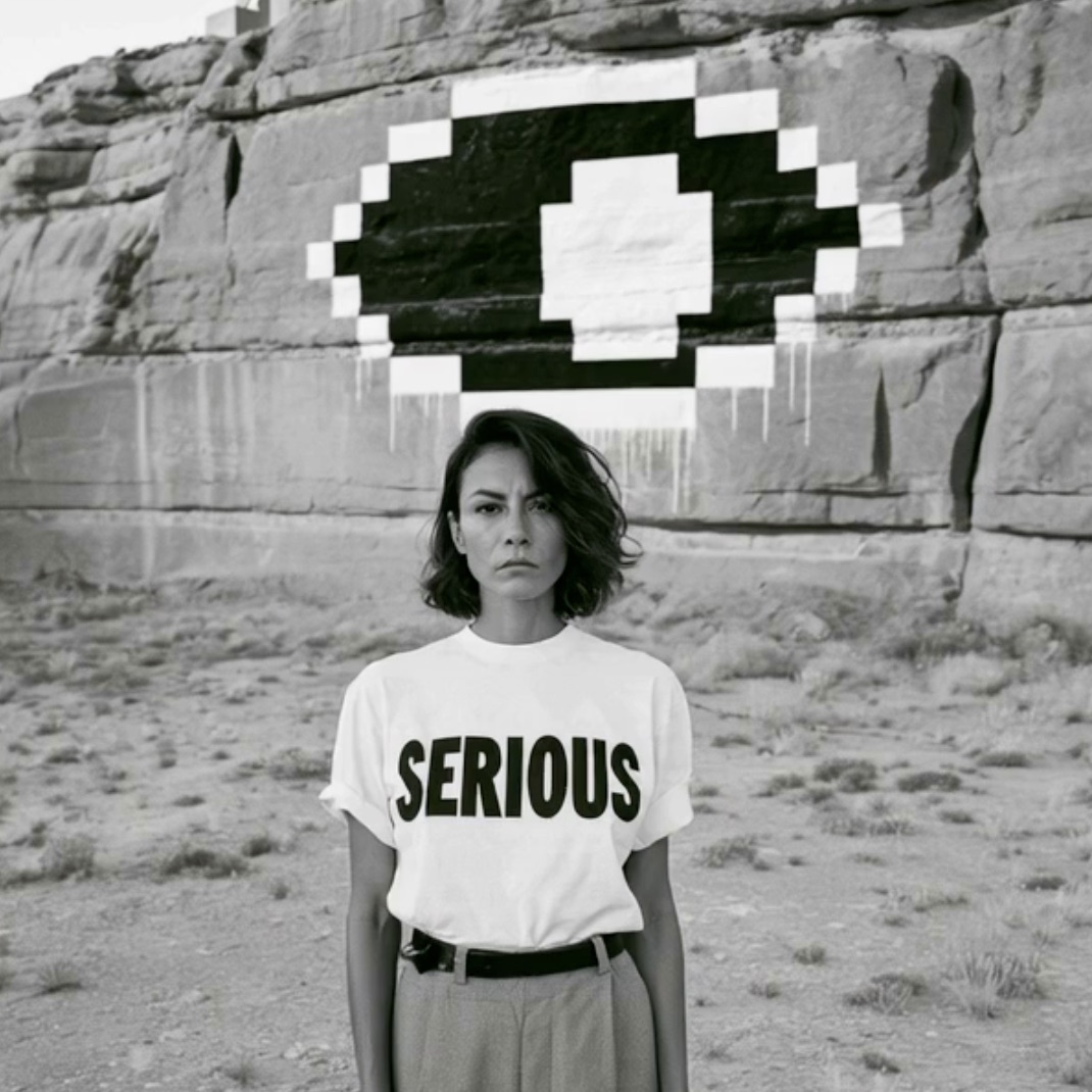 Black-and-white Look Serious campaign portrait: a woman wearing a SERIOUS shirt beneath a painted pixel eye on a desert rock face.
