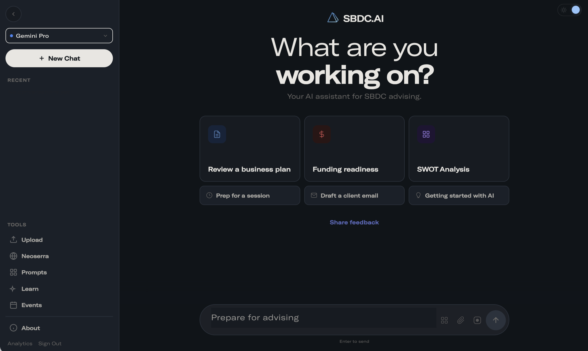 SBDC.AI dark mode interface